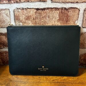 Kate Spade Black Saffiano Leather Zip Pouch with Black Logo and Hardware NWOT